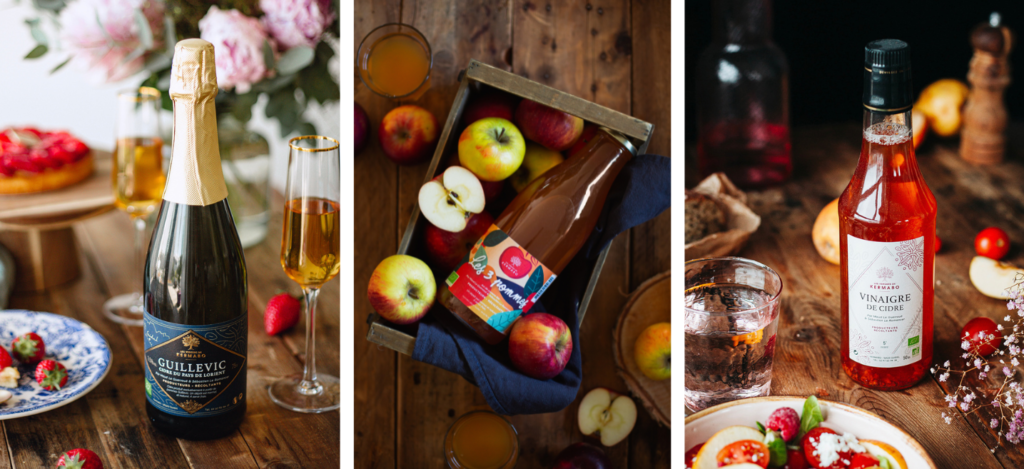 Produit des vergers de kermabo : cidre guillevic, jus de pommes et vinaigre de cidre 